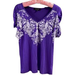 BLEU Women’s Embroidered Embellished Vneck Top Size Small Purple and White